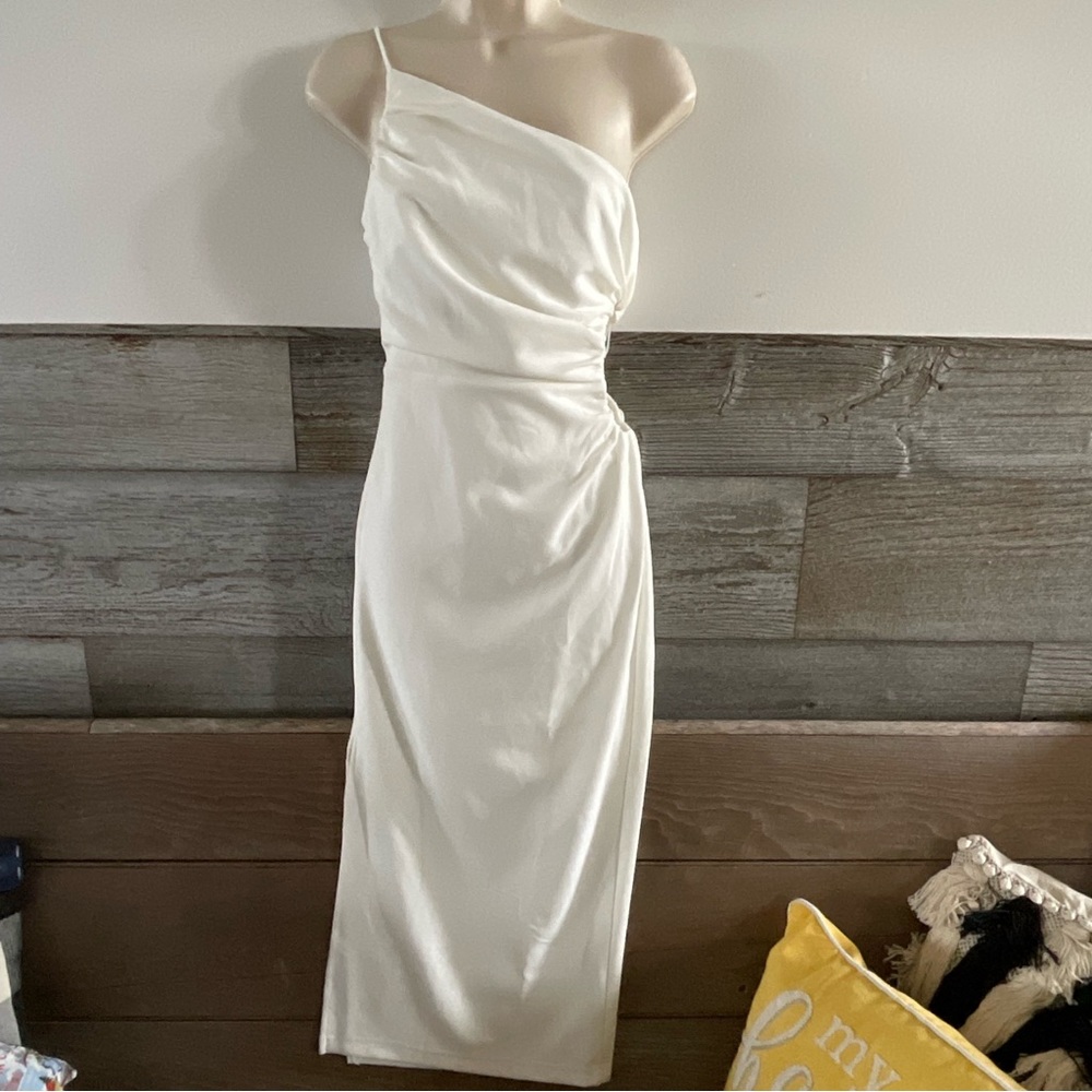 One-Shoulder Ivory Midi Dress - Elegant Ruched Side